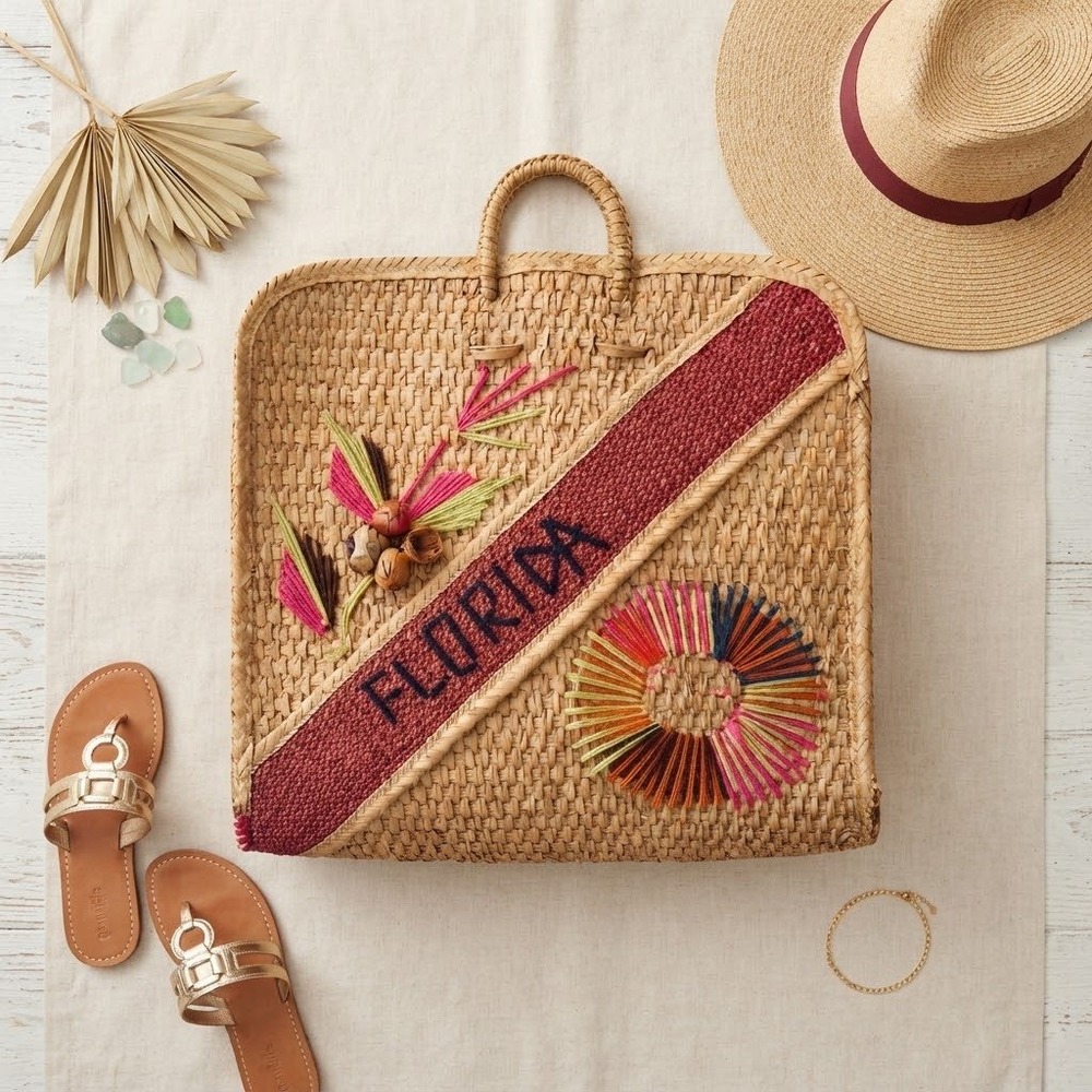 Vintage Florida Straw Tote Bag Womens Large Tan Woven Raffia Beach Retro Kitsch